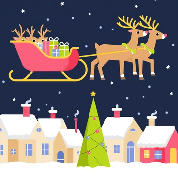 A red sleigh with gold trimmings is being pulled by eight brown reindeer, each with a shiny red nose. The sleigh is filled with colorful presents wrapped in shiny paper. Below, a snow-covered Christmas town is visible, featuring cozy cottages with smoke curling from chimneys and roofs blanketed in white snow. Twinkling lights adorn the cottages, and a large Christmas tree stands in the town square, decorated with ornaments and a star on top. The night sky is filled with stars, adding to the festive atmosphere.