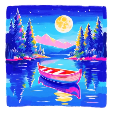 A small wooden boat is gently floating on a calm lake under a bright moonlight. The boat is painted in a deep blue color, reflecting the moon's light on the water. Surrounding the lake are tall green trees with dark silhouettes against the night sky. The full moon is shining brightly, casting a soft glow over the scene. The water is smooth and mirrors the moonlight, creating a serene atmosphere. A few stars are visible in the clear night sky above.
