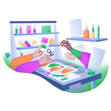 A workshop setting filled with vibrant colors and various creative tools. A group of diverse hands is actively collaborating on a creative project. One hand is holding a pair of scissors, while another is gripping a paintbrush. A third hand is arranging colorful pieces of paper on a table covered with art supplies. Surrounding them are scattered materials, including paint tubes, brushes, scissors, and markers. In the background, shelves filled with craft supplies and completed projects can be seen. The atmosphere conveys a sense of teamwork and creativity.