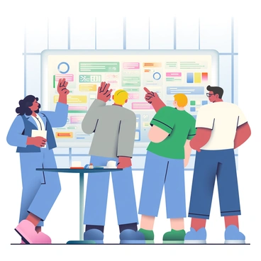 A diverse team of five professionals is gathered around a large whiteboard filled with colorful strategic plans and ideas. Two women and three men are engaged in discussion, pointing at various sections of the whiteboard. One woman with long black hair is wearing a blue blouse, while the other woman with curly brown hair is in a white shirt. One man has short blond hair and is wearing a gray suit, and another man with glasses is dressed in a green polo shirt. The fifth team member, a man with dark hair in a black t-shirt, is leaning over and taking notes on a notepad. The room has large windows that let in natural light, illuminating the space. A round table is nearby with laptops and coffee cups scattered on it.