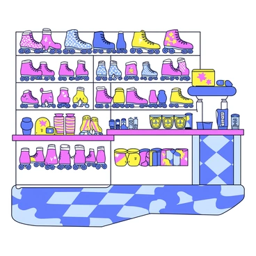 A roller skate shop with a bright and inviting interior. The shelves are stocked with various pairs of "colorful roller skates" in different sizes and styles. Each pair features unique designs, such as "polka dots", "stripes", and "glitter". On another shelf, there are several "protective helmets" in vibrant colors, each with playful graphics. Various items of "roller skate merchandise" such as "socks", "wrist guards", and "stickers" are displayed on the counter, creating a lively atmosphere. The floor has a checkered pattern to complement the energetic theme of the shop.