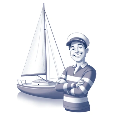 A friendly sailor stands proudly next to his sailboat, which is anchored gently in the water. He is wearing a traditional nautical hat, featuring a prominent brim. The sailor has a broad smile on his face, showcasing a sense of pride and joy. His outfit includes a classic striped shirt, and the lifeboat’s sails are furled but prominent, displaying the boat's structure. The scene captures the sailor's connection to the sea and his vessel.