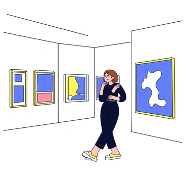 A woman with medium-length brown hair is standing in a contemporary art gallery. She is wearing a stylish black dress and has a thoughtful expression as she admires a large abstract painting on the wall. The gallery features white walls and polished wooden floors, with several pieces of art displayed around her. Soft lighting highlights the artwork, creating a calm atmosphere.