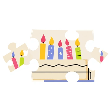 A jigsaw puzzle featuring several miniature birthday candles as the pieces. Each candle is brightly colored, with shades of red, blue, yellow, and green. The puzzle pieces are shaped like various candle styles, including tall and short candles, some with sparkles and others with decorative patterns. The completed puzzle reveals a larger image of a birthday cake adorned with frosting and additional candles on top. The background is a light celebratory color to enhance the festive theme.