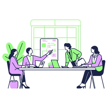 A group of female members of Parliament is seated around a large rectangular table in a meeting room. There are four women engaged in discussion, with papers, laptops, and a whiteboard filled with notes and diagrams in front of them. One woman is pointing at the whiteboard while another is taking notes. The third woman is looking at her laptop, and the fourth is leaning forward with a thoughtful expression. A large window in the background allows natural light to fill the room, and a potted plant is placed in the corner. Each member is dressed in professional attire, focusing intently on the collaborative effort.