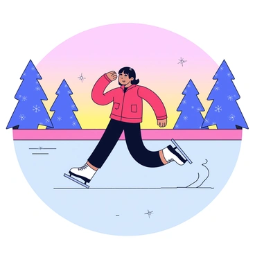 A determined skater is practicing on a deserted ice rink in the early morning. The skater is wearing a bright red jacket and black leggings, showcasing their focus and dedication. The rink is surrounded by tall, frosted trees that glisten in the soft light of dawn. A few scattered ice crystals sparkle on the surface of the ice as the skater glides effortlessly, leaving a trail behind. The sky is painted in soft pastel hues of pink and orange, indicating the sunrise.