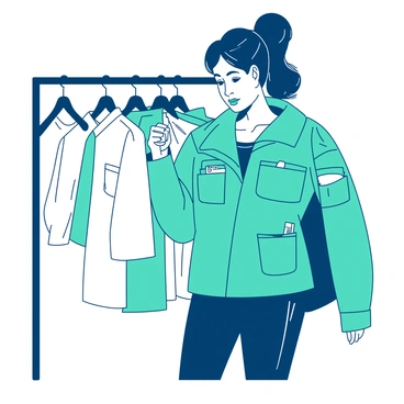 A woman is standing in a brightly lit clothing store, examining a selection of garments designed with safety features. She is holding up a teal jacket that has multiple pockets specifically designed to hold personal safety items such as pepper spray and a small flashlight. The clothing rack beside her displays other items in shades of white, featuring similar practical designs. The woman has an expression of concentration as she considers her options, surrounded by various outfits tailored for both style and security.