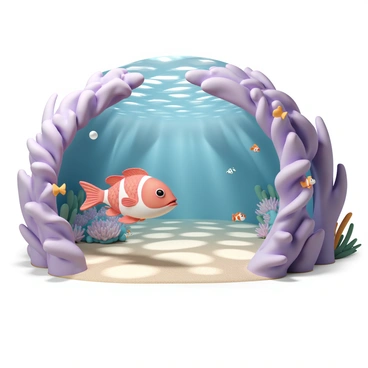 A snapper fish, with bright red and silver scales, is swimming playfully through a colorful underwater tunnel. The tunnel is composed of twisting corals in vibrant shades of purple, orange, and green. Sunlight filters through the water, creating dancing patterns on the sandy ocean floor. The fish glides smoothly, its fins extended, as small bubbles trail behind it. Various tiny marine life forms, such as clownfish and sea anemones, can be seen nestled in the corals along the tunnel's walls.