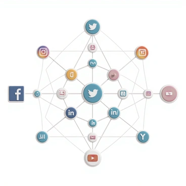 A complex web of interconnected social media icons, including recognizable symbols such as "Facebook", "Twitter", "Instagram", "LinkedIn", and "YouTube". The icons are depicted in various vibrant colors, creating a visually striking network. Thin lines connect each icon, illustrating the relationships between them. The background is a subtle gradient, enhancing the focus on the icons and their connections. The overall composition conveys a sense of dynamic interaction within the digital space.