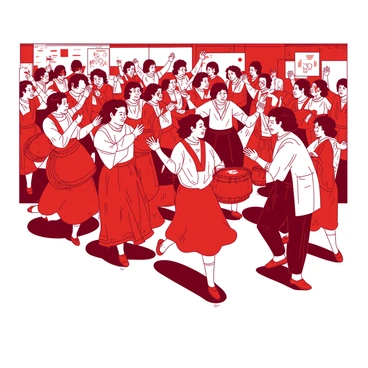 A red lively procession features family members dancing joyfully. Each dancer is adorned in colorful traditional clothing, showcasing various patterns and styles. Some family members are playing traditional instruments, such as drums and flutes, while others are clapping their hands in rhythm. The atmosphere is filled with energy as the dancers move together in synchrony, creating a vibrant scene of celebration and culture. The background is filled with cheerful expressions and the sound of music enhances the vividness of the event.