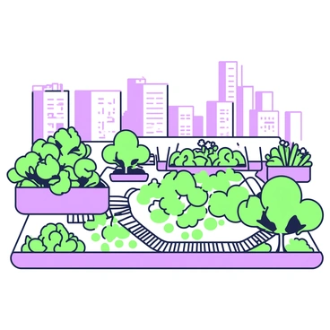 A view of city rooftops featuring multiple green gardens. Each rooftop is adorned with various types of plants, including shrubs and flowers in planters. There are pathways created from wooden planks connecting the gardens. In the background, a collection of buildings rises, showcasing modern architecture. Above, a clear sky extends, providing a bright atmosphere. The scene emphasizes the contrast of the lush greenery against the urban environment.