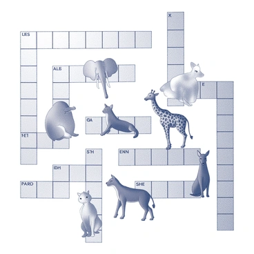 A large crossword puzzle layout fills the image, with intersecting black and white squares forming the grid. Each square contains an illustration of a different animal, corresponding to the words of the crossword. A detailed "elephant" is depicted in one square, showcasing its large ears and trunk. Next to it, a "giraffe" stretches its neck high, showcasing its unique spots. Another square features a "cat," curled up and looking content. A "dog" is illustrated nearby, standing playfully with its tongue out. Other squares include a "fish" swimming gracefully and a "bird" perched, each meticulously drawn to represent the words they correspond to in the crossword.