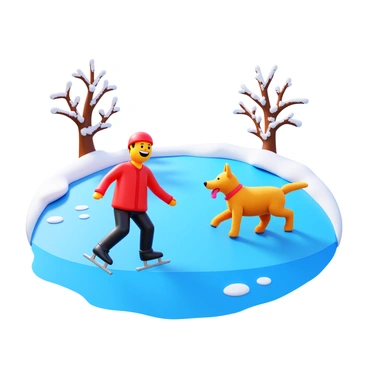 A person ice skating joyfully on a frozen lake. The skater is wearing a bright red jacket and black pants, with a joyful expression on their face. A playful dog, with a fluffy golden coat, is bounding across the ice, its tongue hanging out in excitement. The frozen lake glistens under the sunlight, with patches of snow at the edges. The background features tree branches dusted with snow, enhancing the winter atmosphere.