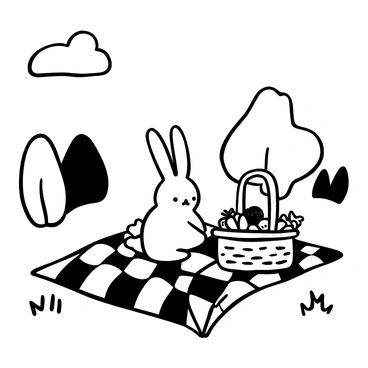 A small white rabbit character, depicted with simple shapes and no facial details, is sitting on a checkered picnic blanket spread out on the grass. Next to the rabbit, there is a woven picnic basket that is open, revealing an assortment of food items such as sandwiches, fruits, and drinks. The scene is illuminated by the sun, with a few stylized clouds scattered in the sky above. Surrounding the blanket, there are patches of grass and a couple of trees in the background, enhancing the outdoor setting.