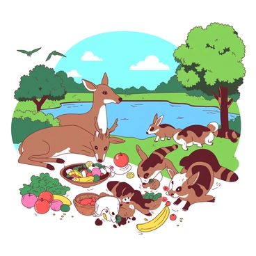 A vibrant scene in a nature reserve showcases various animals enjoying food waste donations as a supplementary diet. There is a group of happy deer grazing on fresh fruits and vegetables spread across the ground. Nearby, a family of playful raccoons rummages through a colorful assortment of leftover snacks, with some raccoons playfully tugging at a bright yellow banana peel. A pair of curious rabbits nibble on discarded greens, their fur shimmering in the sunlight. In the background, a serene pond reflects the clear blue sky, while trees with lush green leaves provide a natural habitat for the animals. The atmosphere is lively, with birds chirping and fluttering around, adding to the sense of a thriving ecosystem nourished by donations.