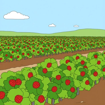 A vast field filled with rows of vibrant green raspberry plants, each bush laden with clusters of bright red raspberries. The sky above is clear and blue, with a few fluffy white clouds scattered throughout. The sun shines down, casting gentle shadows on the ground. In the distance, there is a gentle rolling hill that adds depth to the landscape, and the field stretches out towards the horizon, showcasing the abundance of ripe fruit.