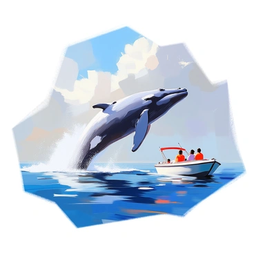 A whale breaching the surface of the ocean with a boat nearby.