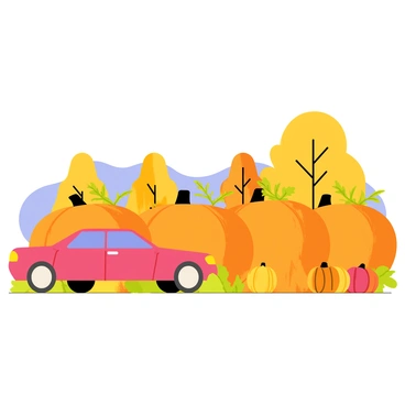 A car stopped beside a roadside pumpkin patch with vivid fall scenery