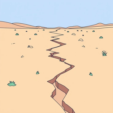 A wide landscape showing extensive cracks in the earth's surface, indicating a fault line underneath. The ground is dry and dusty, with deep fissures that create a pattern across the terrain. Sparse vegetation, such as small shrubs and grass, grows around the edges of the cracks. In the background, rolling hills can be seen under a clear blue sky. The scene captures the starkness of the earth's surface, emphasizing the geological features.