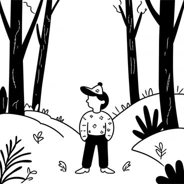 A child wearing a "fox tail cap" is standing in a forest, surrounded by tall trees with textured bark. The child is wearing a playful outfit with various patterns. Leaves and small branches are scattered on the ground around them. Sunlight filters through the tree branches, creating a dappled effect on the forest floor. In the background, there are ferns and small bushes adding to the lush greenery of the setting.