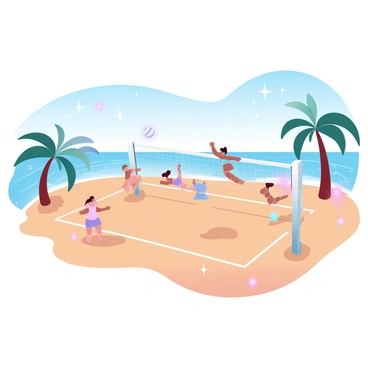 A sandy beach volleyball court is set up under a clear night sky filled with stars. Bright lights illuminate the court, casting a warm glow on the players. Two teams are engaged in an intense match, with players in vibrant athletic gear diving and jumping to hit the ball. The net is taut and stands between them, while the surrounding beach features palm trees gently swaying in the breeze. The ocean waves can be seen in the background, reflecting the lights in a sparkling display. A few spectators are gathered nearby, enjoying the lively atmosphere.