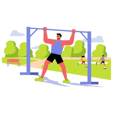 An athlete performing a dead hang on a horizontal metal bar in an outdoor park. The athlete is wearing a blue tank top and black shorts, with a determined expression on their face. Their arms are fully extended, gripping the bar tightly. In the background, there are green trees and a clear blue sky. A few colorful benches are positioned around the park area, and there are some people jogging on a nearby path. The sun casts soft shadows on the ground, highlighting the athlete's focused posture.
