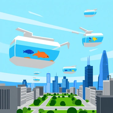 A fleet of drones equipped with large, transparent water tanks is flying above a bustling cityscape. Each drone has a sleek, aerodynamic design and is hovering steadily as it carries shimmering fish inside the tanks. The fish are colorful, displaying vibrant shades of orange, blue, and yellow, swaying gently in the water. Below, the urban environment features a mix of modern skyscrapers with glass facades and green parks visible in between. The sky is clear, and the sun casts bright reflections on the tanks, creating a lively atmosphere. Each drone is positioned at various heights, adding depth to the scene.