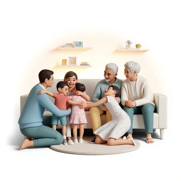 A family of four is gathered in a cozy living room filled with warm light. The parents, a man in a blue sweater and jeans and a woman in a floral dress, are kneeling down to embrace their two children. The boy is wearing a red shirt and shorts while the girl is dressed in a pink dress with white polka dots. The grandparents, an elderly man in a plaid shirt and an elderly woman in a knitted cardigan, are sitting on a comfortable couch, smiling at the joyful scene. Behind them, shelves lined with family photos and a plush rug add to the inviting atmosphere. "Hugs" and "laughter" are in the air as they share this heartwarming moment together.