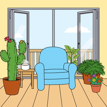 A spacious balcony bathed in bright sunlight. The floor is made of light wooden boards, creating a warm atmosphere. There are several colorful potted plants, including a tall green cactus with spiky arms and vibrant flowers, a bushy fern with delicate fronds, and small pots of cheerful blooming flowers in hues of red, yellow, and purple. In the center, there is a large, cozy chair with soft cushions, upholstered in a cheerful blue fabric. The chair is positioned to face the view, inviting relaxation. A small wooden side table beside the chair holds a steaming cup of tea, and a light breeze gently rustles the leaves of the plants.