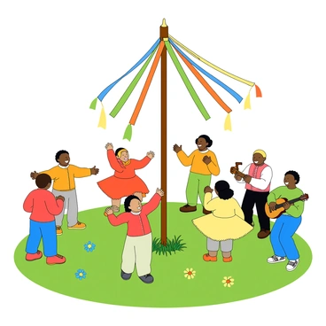 A vibrant celebration scene featuring a maypole at the center, surrounded by joyful dancers and musicians. The maypole is tall and adorned with colorful ribbons that stream down and dance in the breeze. Groups of dancers, dressed in bright, flowing costumes, are spinning and weaving around the maypole, their expressions filled with excitement. On one side, a musician plays a lively melody on a wooden flute, while another musician strums a guitar, adding to the festive atmosphere. Lush green grass covers the ground, and flowers in various colors are scattered around, enhancing the cheerful ambiance of the celebration.
