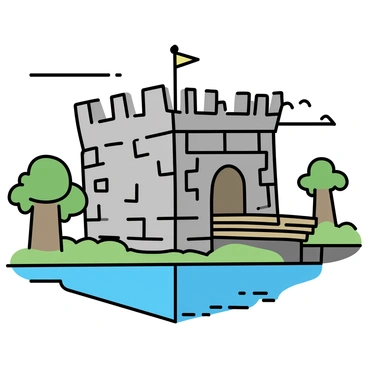 A large cube-shaped castle constructed with textured blocks, featuring a high wall that surrounds its perimeter. The castle has a drawbridge made of wooden planks, positioned to cross a shimmering blue moat filled with water. Lush green grass surrounds the base of the castle, and there are pixelated trees nearby, providing shade. The sky is clear with a few clouds, giving a bright atmosphere to the Minecraft world.