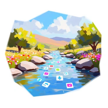 A vibrant river flowing through a lush landscape, with the water sparkling under the sunlight. The river's surface is filled with cascading "digital download" icons in various colors, creating a dynamic and lively effect. On either side of the river, there are green trees and colorful flowers, enhancing the scene's richness. The background features rolling hills that stretch towards the horizon, adding depth to the composition. The sky is a bright blue, dotted with fluffy white clouds, completing the picturesque view.