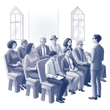 A diverse group of individuals is seated in a church. The congregation includes people of various ethnicities and ages, including a young woman with curly hair, an elderly man with glasses, and a child holding a small book. Each person is dressed in formal attire, reflecting the importance of the occasion. They are arranged in rows, facing a speaker at the front of the church. Natural light filters through stained glass windows, illuminating the interior. The atmosphere conveys a sense of focus as everyone listens attentively to the sermon, with some individuals taking notes or nodding in agreement.