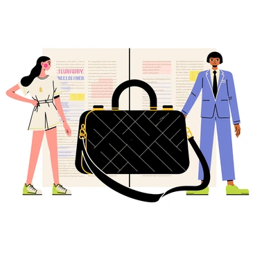 A Chanel bag positioned prominently in the center of a fashion magazine layout. The bag is black with gold accents and quilted texture. Surrounding the bag, a colorful editorial text reads "Luxury Redefined" in stylish fonts. Two models, one with long flowing hair wearing a chic dress, and the other with a sleek bob haircut in a tailored suit, strike fashionable poses on either side of the bag. The background is a soft pastel color that complements the overall design.