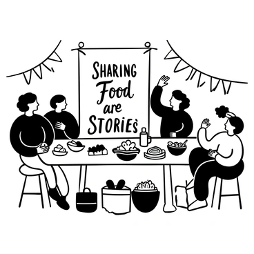 A diverse group of people gathered around a large wooden table filled with various dishes and platters of food. Some individuals are exchanging stories with animated gestures while others are listening attentively, engaged in the moment. There are baskets filled with bread, bowls of fruit, and pitchers of drink on the table. A backdrop features rustic decorations, including simple banners and candles creating a warm ambiance. In the center, there is a large parchment displaying the words "Sharing Food and Stories" in a prominent, flowing script.