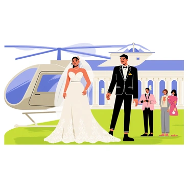 A bride in a flowing white wedding gown with intricate lace details is stepping out of a sleek silver helicopter. Her long veil flutters in the wind as she smiles joyfully. A groom in a sharp black tuxedo stands beside her, adjusting his bow tie with a proud look on his face. The helicopter is parked on a lush green lawn in front of a grand wedding venue, complete with elegant columns and floral decorations. Guests are gathered nearby, some holding cameras to capture the moment, while a bright blue sky overhead adds to the celebratory atmosphere.