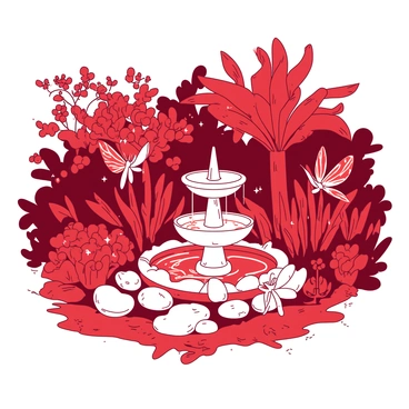 A red garden filled with various glowing plants, each radiating a soft light. In the center of the garden, there is a white stone fountain with flowing water. Around the fountain, several delicate fairies with iridescent wings dance gracefully. The fairies' wings shimmer in the light of the glowing plants, creating a lively atmosphere. The ground is covered with lush green grass, and colorful flowers bloom throughout the garden, enhancing the enchanting scene.