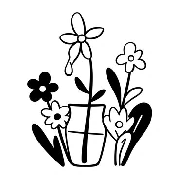 A wilted flower drooping in a glass vase, its petals showing signs of decay, with a few leaves curling downwards. Surrounding the wilted flower, there are several fresh flowers standing upright, displaying vibrant petals and healthy green leaves. The fresh flowers are of different varieties, each with distinct shapes and sizes, creating a stark contrast to the wilted flower in the center. The scene emphasizes the difference between the vitality of the fresh flowers and the decline of the wilted one.