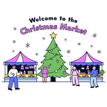 A festive scene depicting a local Christmas market bustling with activity. Colorful market stalls are lined up, each draped with twinkling string lights and adorned with green garlands. People are seen shopping for handmade ornaments and festive treats. A large, decorated Christmas tree stands in the center, topped with a shining star. Snowflakes gently fall from the sky, adding to the holiday atmosphere. "Welcome to the Christmas Market" is displayed prominently in cheerful lettering above the stalls.