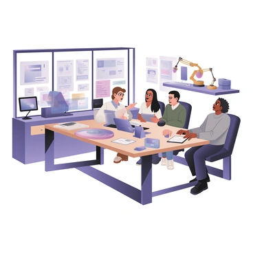 A digital flat illustration of an innovation lab filled with futuristic gadgets scattered across sleek, modern tables. There are various devices like holographic displays, robotic arms, and concept models of advanced technology. In the center, a team of four individuals is deep in discussion. One person has light skin and short brown hair, wearing glasses and a blue shirt, gestures towards a digital screen. Another individual, with medium skin and long black hair, is sitting while taking notes on a tablet, wearing a white dress shirt. A third person, with dark skin and curly hair, is leaning forward, dressed in a gray sweater and jeans, contributing ideas. The fourth team member has fair skin and a buzz cut, wearing a green jacket and looking thoughtfully at the group. The background includes large windows letting in natural light and displays of blueprints on the walls.