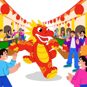 A colorful barongsai dragon dressed in vibrant red and gold, with intricate patterns on its body. The dragon is playfully dancing in a lively street filled with excited children watching in awe. Surrounding the dragon are festive decorations such as red lanterns and banners, creating a joyous atmosphere. In the background, there are smiling adults clapping and cheering, while a table displays traditional snacks and treats. The scene is bright and filled with energy, capturing the excitement of the barongsai performance.