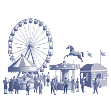 A carnival scene bustling with activity. A large Ferris wheel stands prominently, adorned with numerous lights illuminating its structure. Nearby, a carousel spins with intricately designed horses that are raised and lowered rhythmically. Joyful crowds of people are gathered, with some holding cotton candy and balloons, while others are seen enjoying games and rides. Stalls with colorful signage offer snacks and prizes. The atmosphere is lively, filled with a sense of excitement and fun.