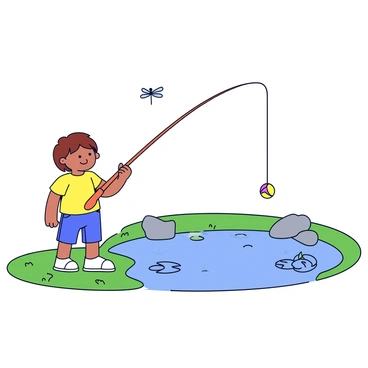 A small child with short brown hair is standing by the edge of a small pond. The child is wearing a bright yellow t-shirt and denim shorts. In their hands, they hold a fishing rod with a colorful bobber attached to the line. The pond is surrounded by patches of green grass and a few rocks. Some lily pads float on the surface of the water, and a small splash is visible where the line has just been cast. A dragonfly is hovering nearby, adding a touch of nature to the scene.