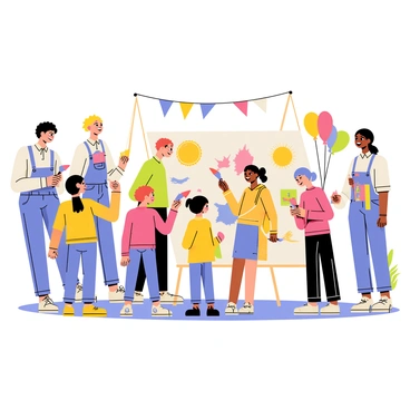 BTS members standing together in a vibrant outdoor setting as they host a charity event. Each member is engaging with a group of children, smiling and laughing. One member is holding a colorful paintbrush while another is pointing at a large mural filled with bright, playful designs. The children are joyfully painting sections of the mural, showing their creativity with splashes of vivid colors. In the background, balloons and banners can be seen, adding to the festive atmosphere of the event.