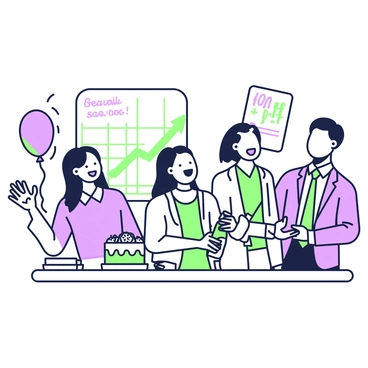 A group of five people is gathered in an office, celebrating their success after surpassing their sales quota. In the center, a woman with long hair is holding a piece of paper with a printed sales report, showing a significant increase. She is smiling widely, surrounded by three colleagues who are cheering and clapping. One man is wearing a tie and holding a bottle of sparkling water, which he is preparing to pop open. There are colorful balloons tied to a nearby desk, and a small cake is set on the table with a "Congratulations!" sign. A large whiteboard in the background displays a chart with upward trends and an accompanying note that reads, "Great job, team!"