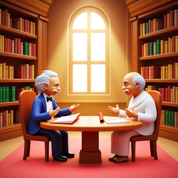 "Famous historical figures" such as "Albert Einstein" and "Mahatma Gandhi" are engaged in a conversation inside a grand library. The library features towering bookshelves filled with ancient books, ornate woodwork, and large, arched windows allowing streams of light to illuminate the space. Einstein is wearing a classic suit with a bow tie, while Gandhi is dressed in his traditional dhoti. A large wooden table with open books and scrolls sits between them. The atmosphere is one of deep intellectual exchange, with both figures gesturing thoughtfully as they share ideas.