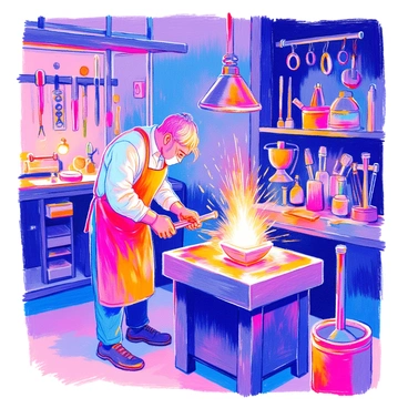 A blacksmith stands in a workshop, wearing a leather apron and heavy gloves. He is focused on a glowing piece of hot iron placed on an anvil. As he lifts a hammer high above his head, bright sparks fly outwards, illuminating the surrounding tools and equipment. The workshop is filled with various tools, including tongs, hammers, and a forge with flames flickering. The walls are lined with shelves holding metalwork and unfinished pieces, showcasing the craft's intricacies.