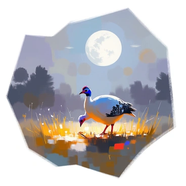 An enchanting night scene featuring a guinea fowl wandering through a grassy area illuminated by soft moonlight. The moon hangs low in the sky, casting a silvery glow over the surroundings. The guinea fowl, with its speckled feathers and distinctive shape, is pecking at the ground, its eyes reflecting the light. In the background, there are silhouettes of trees and shadows dancing on the ground, adding to the sense of a tranquil, magical night. The grass is lush and slightly swaying in a gentle breeze, creating a peaceful atmosphere.