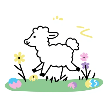 A fluffy lamb, with soft white wool, is frolicking playfully in a green meadow. The meadow is dotted with colorful wildflowers in shades of yellow, pink, and purple. Scattered throughout the grass are several hidden Easter eggs, featuring bright pastel colors and intricate patterns. The scene captures the essence of spring, showcasing the lamb's joyful movement among the vibrant landscape.