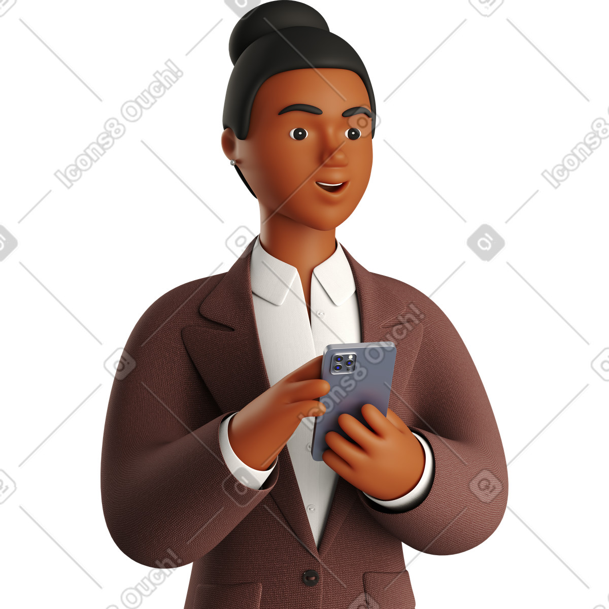 Illustration Black businesswoman in brown suit with phone looking aside dans le style 3D Business à télécharger aux formats PNG, SVG